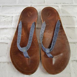 OLUKAI BLUE LEATHER PUKA SANDAL FLIP FLOP - 10